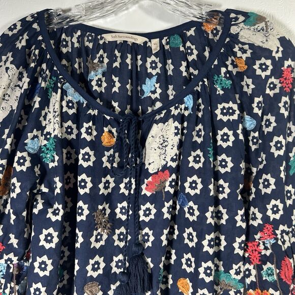 Soft Surroundings Top Blouse XS Embroidered Floral Fringe Hem Bell Sleeve Boho - Picture 16 of 16
